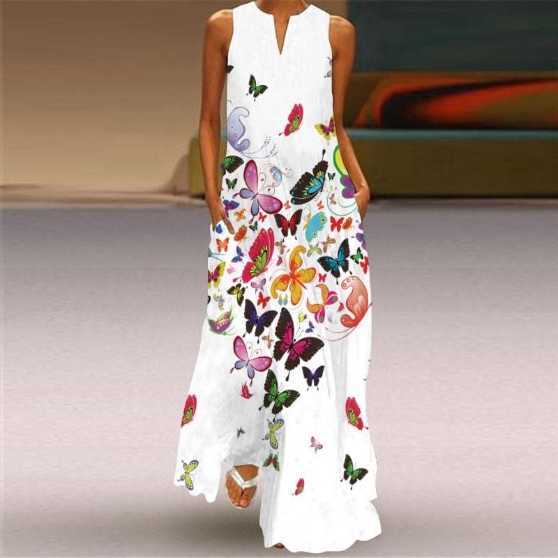Summer Women's Dress Sleeveless Dress V-neck Print Dress S