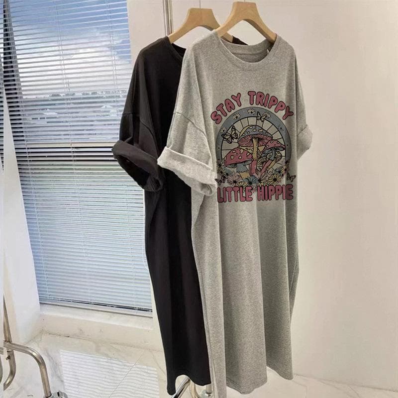 Summer Loose Korean Version Pure Cotton Short-sleeved T-shirt Women's Large Size Long Casual Skirt Retro Top M