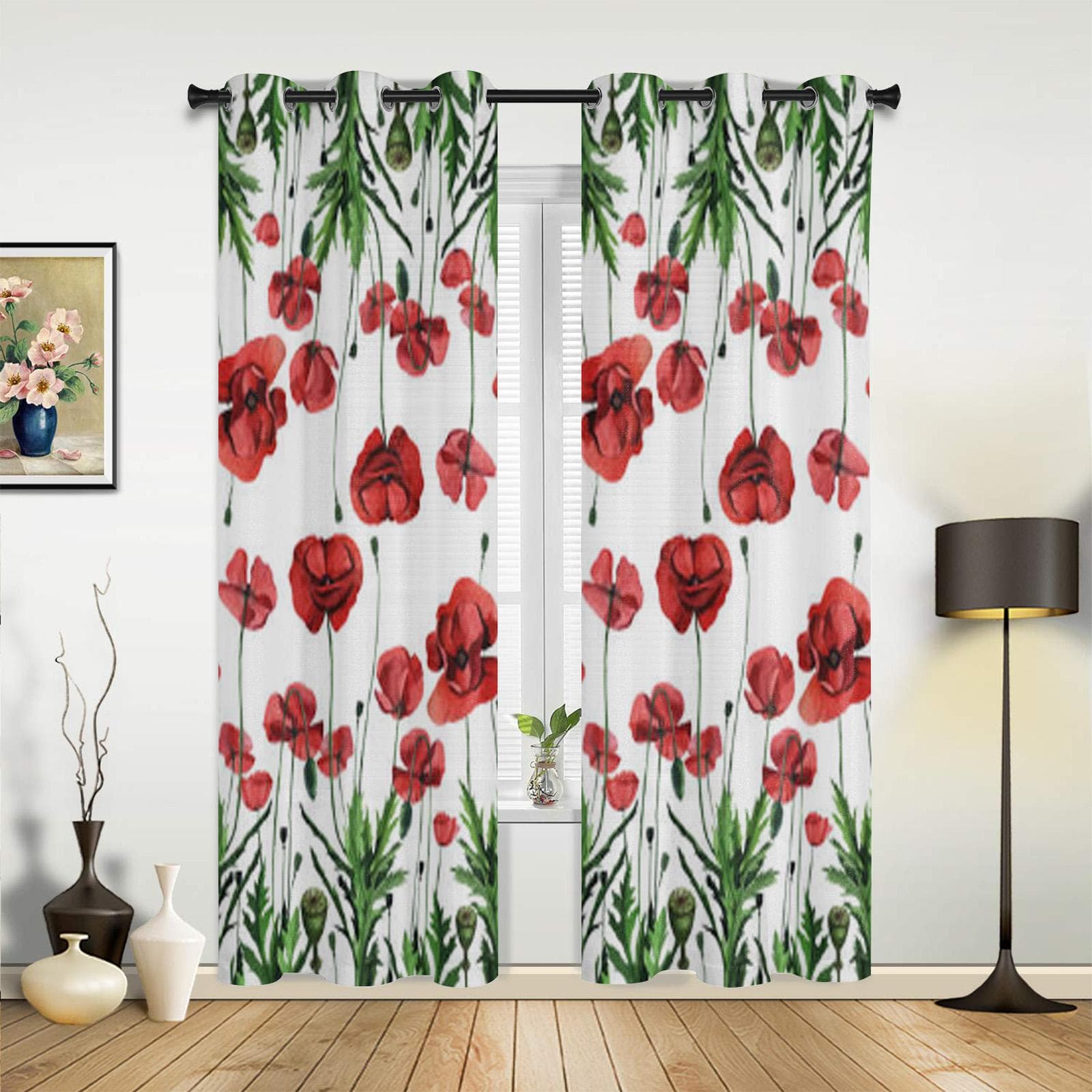 Modern Window Curtains Watercolor Pattern with Wild Red Poppies Luxury Fashion Curtains for Living Room Bedroom Kitchen Drapes 70W x 100H(cm) x2