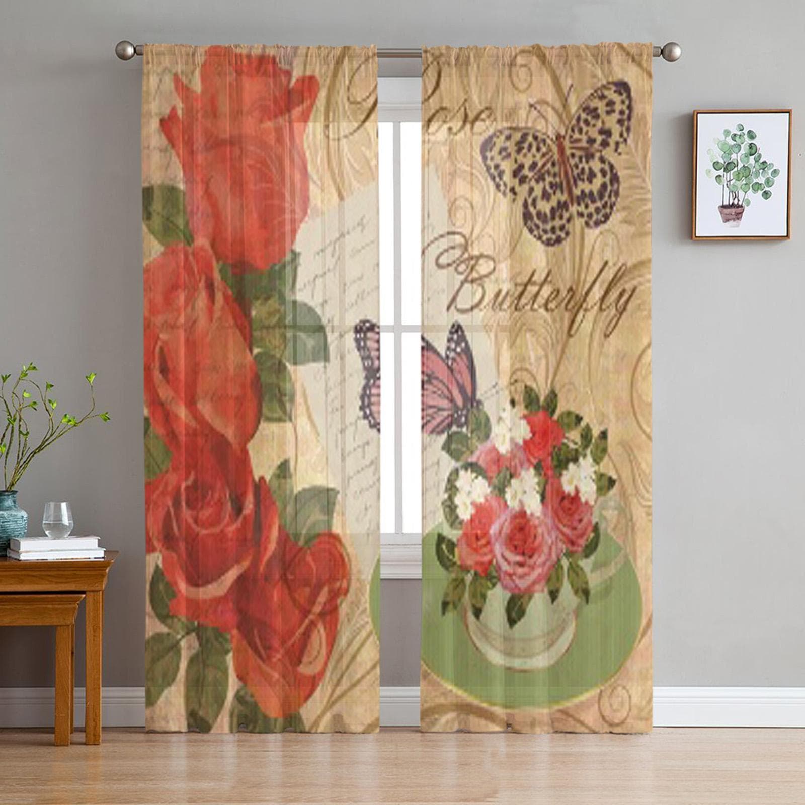 Vintage Flowers Butterfly And Cup Sheer Curtains for Living Room Transparent Tulle Window Curtain Bedroom Kitchen Veil Drapes 135W x 114H(cm)