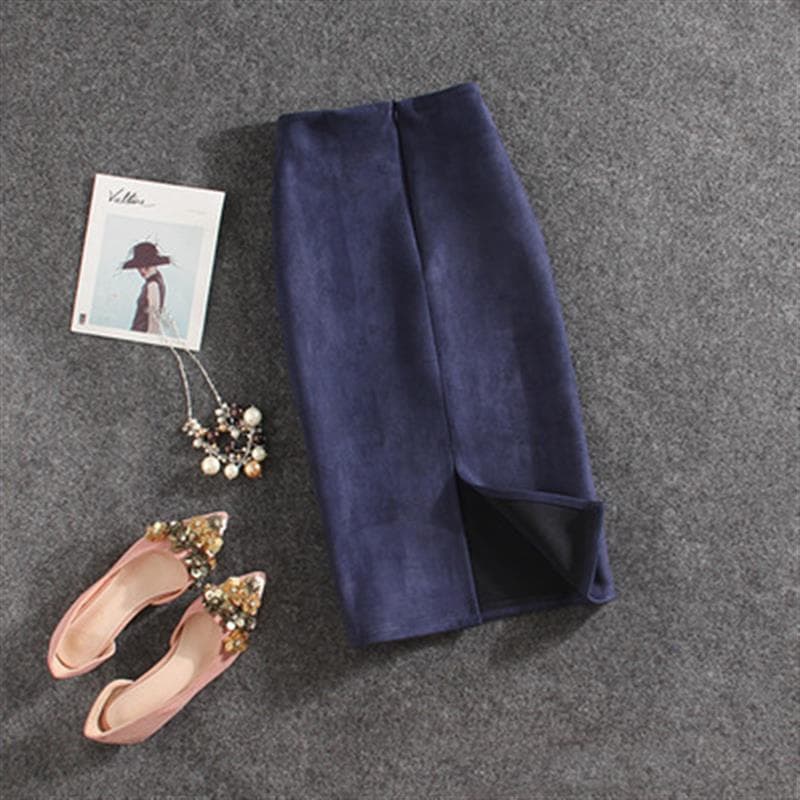 Women Skirts Suede Split Thick Stretchy Skirt Female Pencil Skirts Plus Size Skirt M dark blue