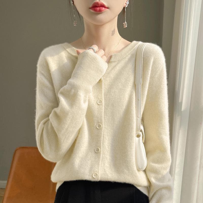2024 V-Neck Cashmere Cardigan: Women's Versatile Long Sleeve Sweater for Spring, Autumn & Winter L beige