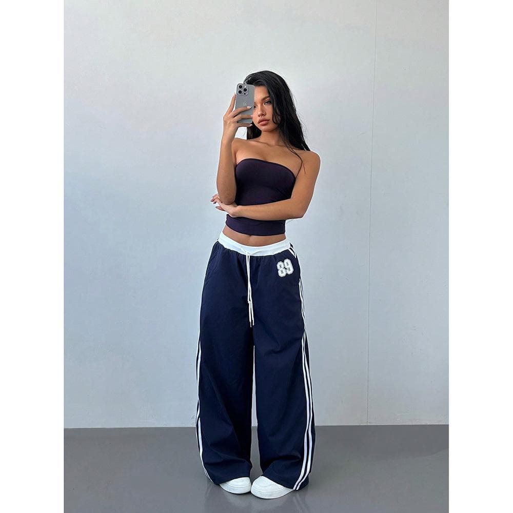 New Printed Striped Casual Pants Women's Contrasting Colors Loose Lace-up Versatile Long Pants M