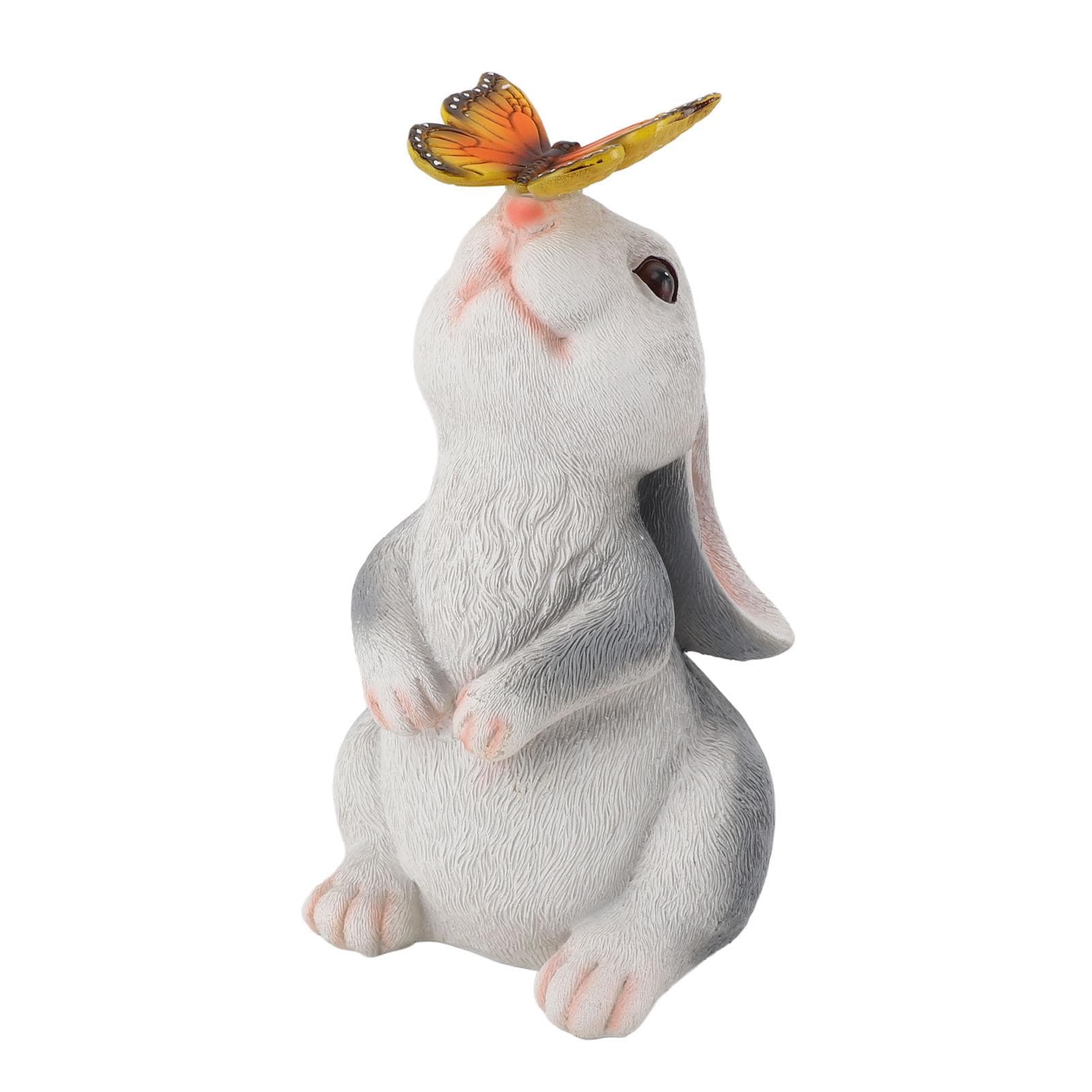 Bunny Outdoor Garden Statues Resin 600mAh Warm Light Rabbit with Solar Butterfly Changing Lights