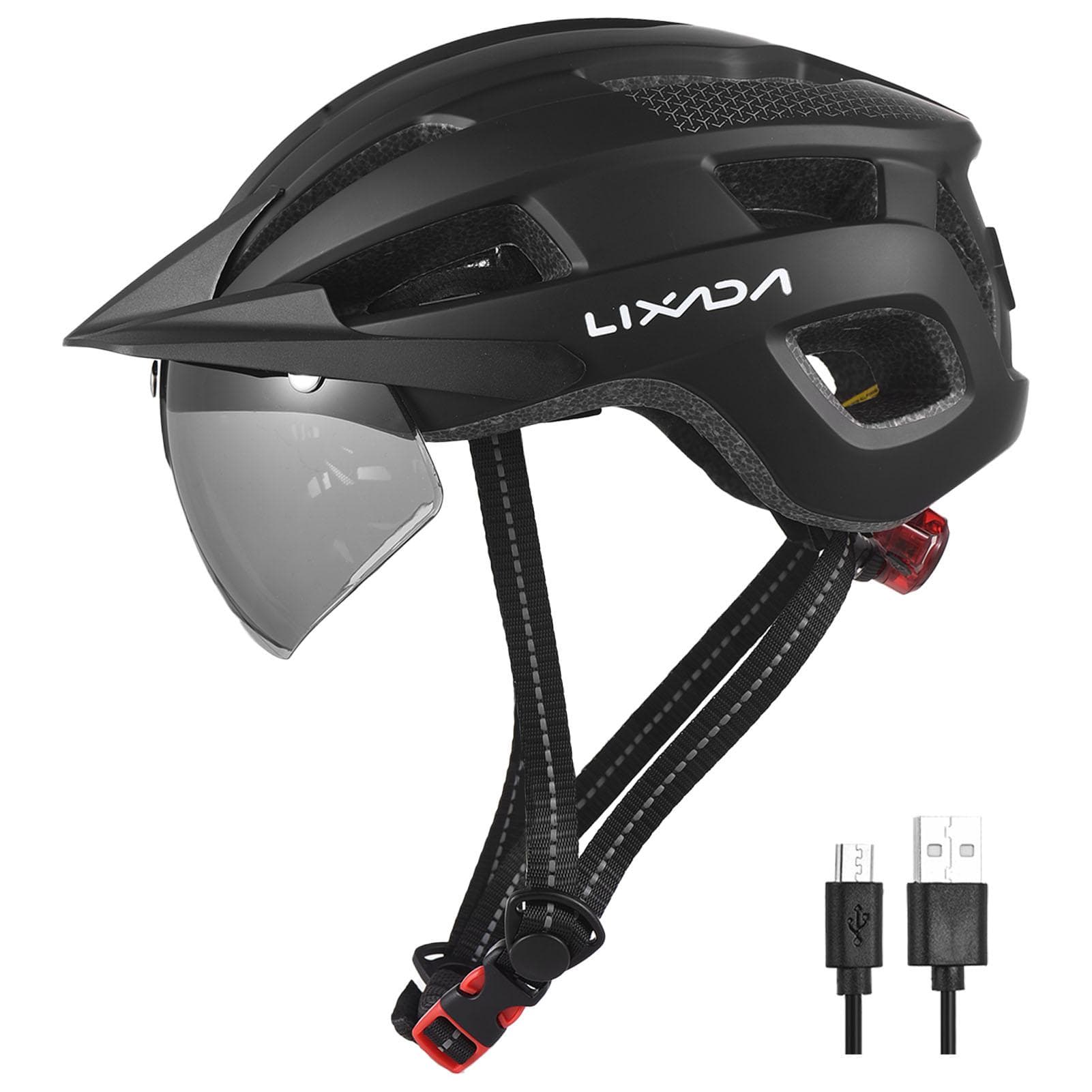 Bike Helmet with Windshield and Sun Visor Rechargeable Tail Light Adjustable Bicycle Helmet for black