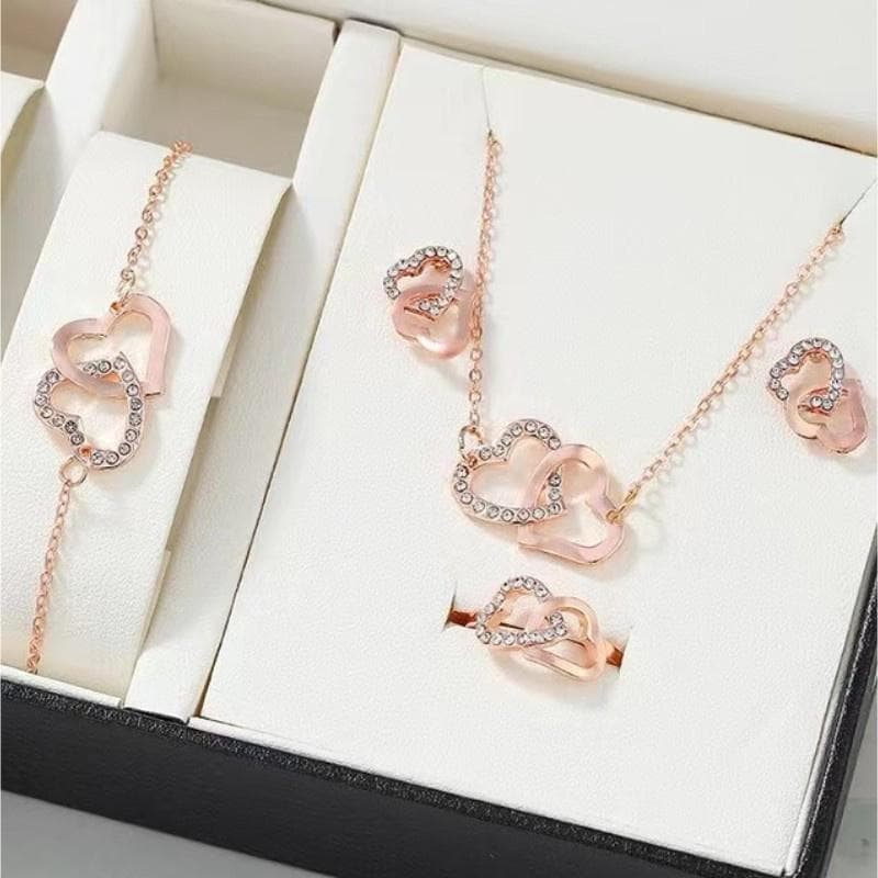 5Pcs/Set Heart Shaped Jewelry Sets Of Ring Earrings Necklace For Women Elegance Double Heart Jewelry
