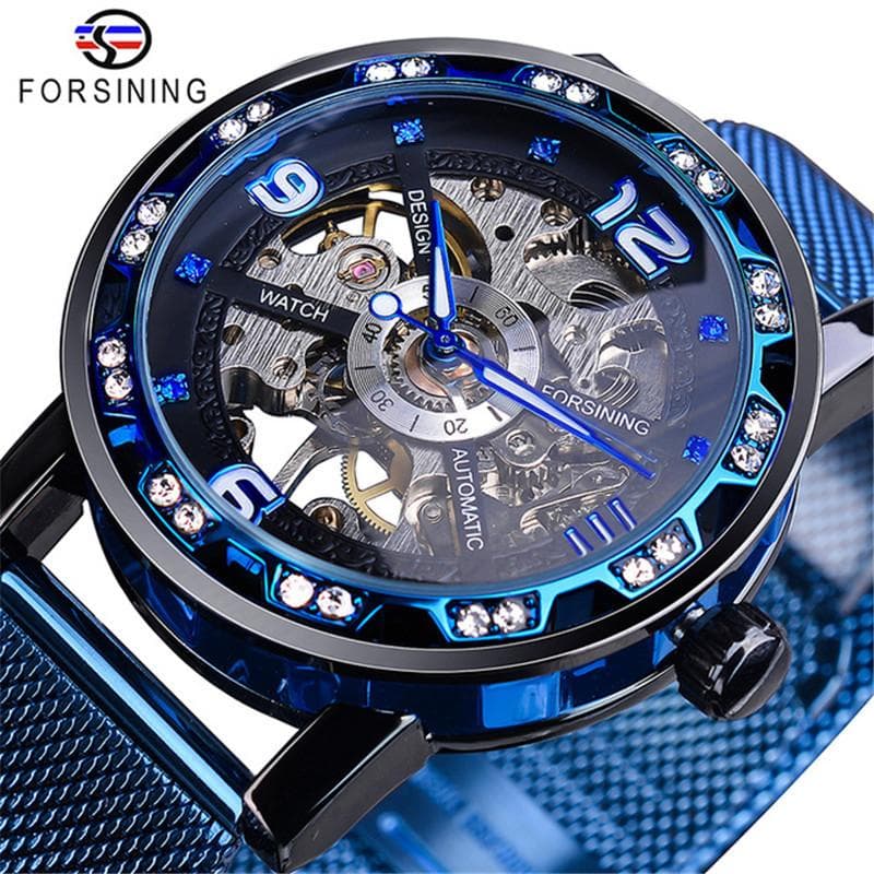 Forsining Watch Men's Fashion Casual Classic Popular Mesh Belt Hollow Rhinestone Manual Mechanical Watch