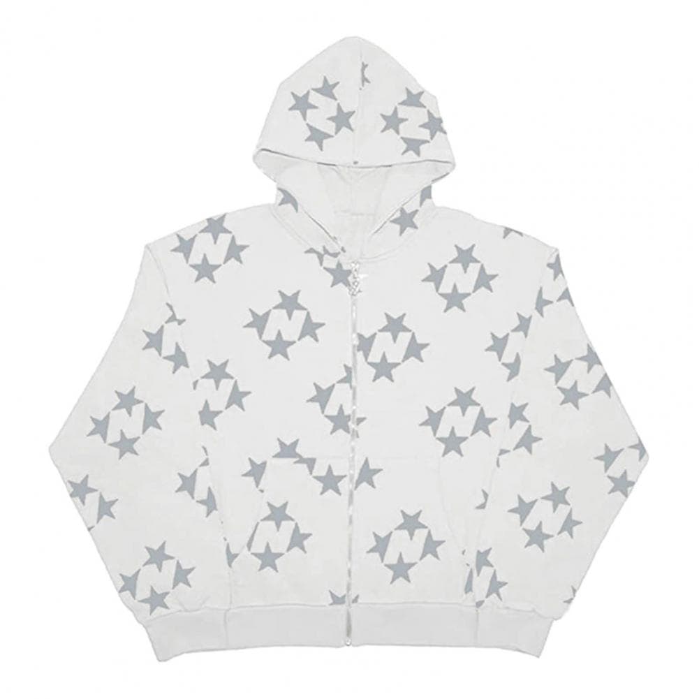 Hoodie Coat Star Print Pockets Zipper Closure Elastic Thread Cuff Long Sleeve Loose Unisex Hooded Streetwear Hip Hop Fall Winter S white