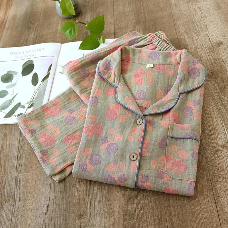 New Women's Spring and Autumn Pajamas Set 100% Cotton Retro Chinese Style Long-sleeved Two-piece Set Large Size 2XL green