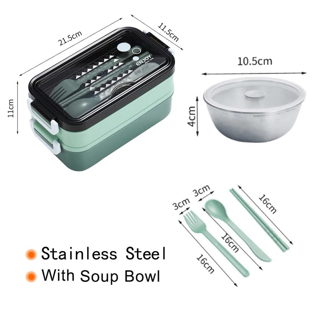 304 Stainless Steel Lunch Box Bento Box for School Kids Office Worker 2 layers Microwae Heating Lunch Container Food Storage Box green