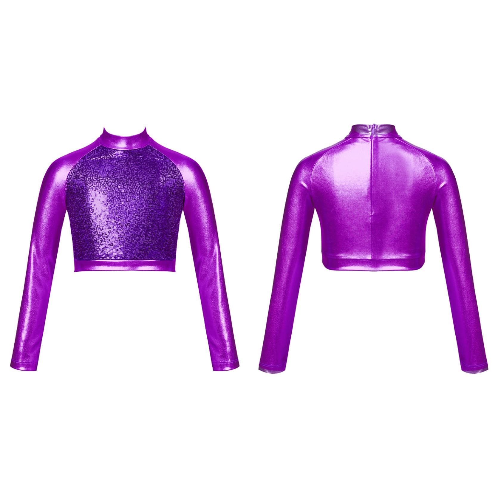 Kids Girls High Neck Glitter Crop Top Metallic Long Sleeve T-Shirt Ballet Dance Leotard Gymnastics Performance 11-12 Years purple