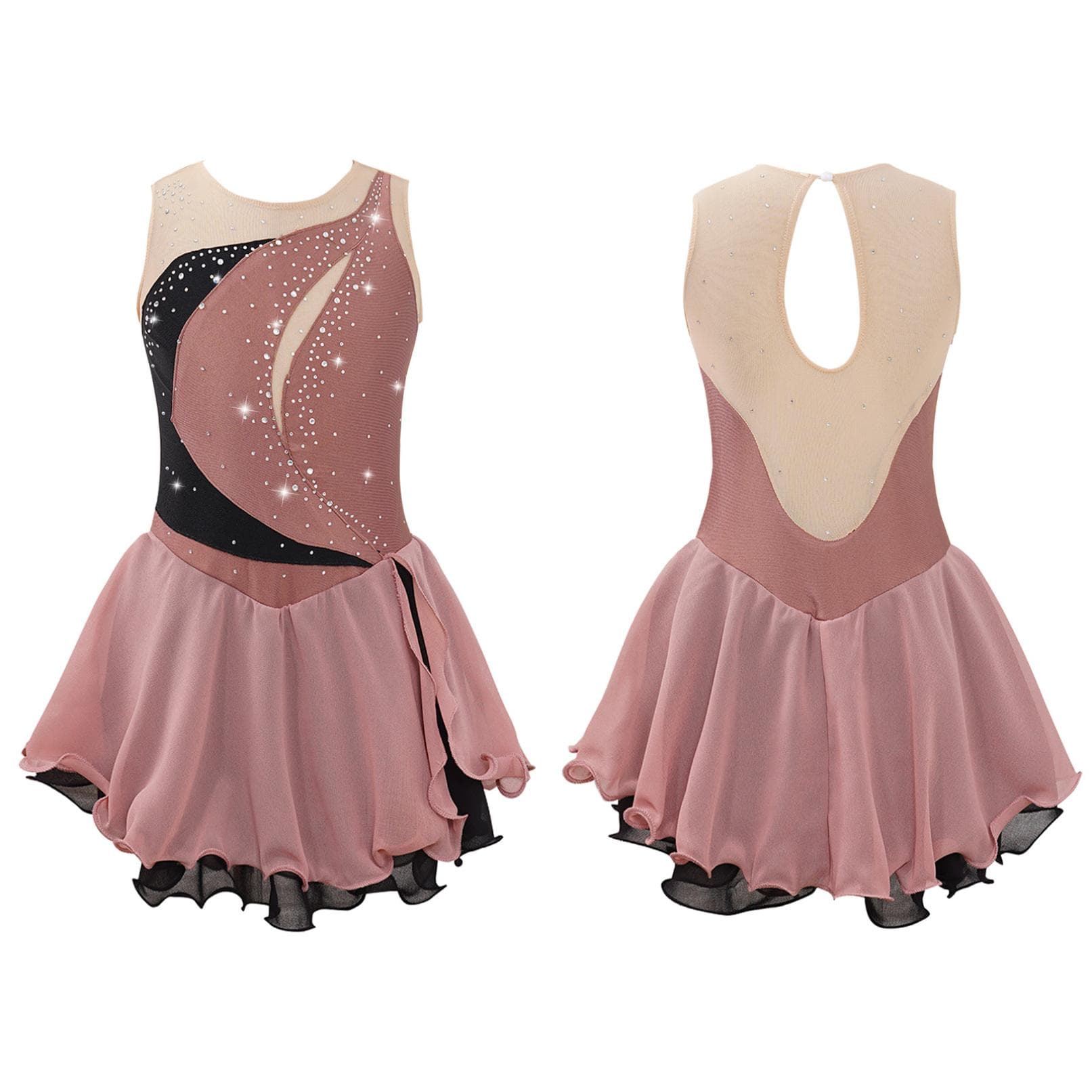 Girls' Figure Skating Dress Sleeveless Glitter Rhinestone Ballet Leotard Dress Competition Costume Gymnastics Suit 5-6 Years coffee