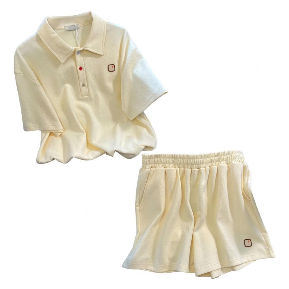 2 Pcs/Set Women Summer Top Shorts Set Button Turn-down Collar Short Sleeves Preppy Style T-shirt Elastic Waist Loose Side Pocket M apricot