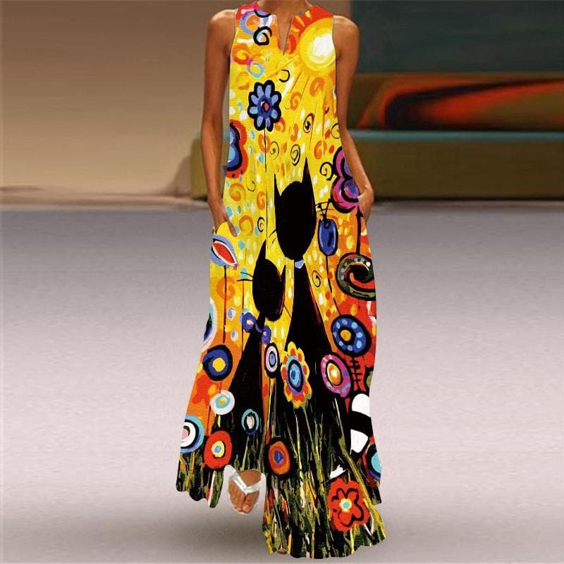 Summer Women's Dress Sleeveless Dress V-neck Print Dress 4XL
