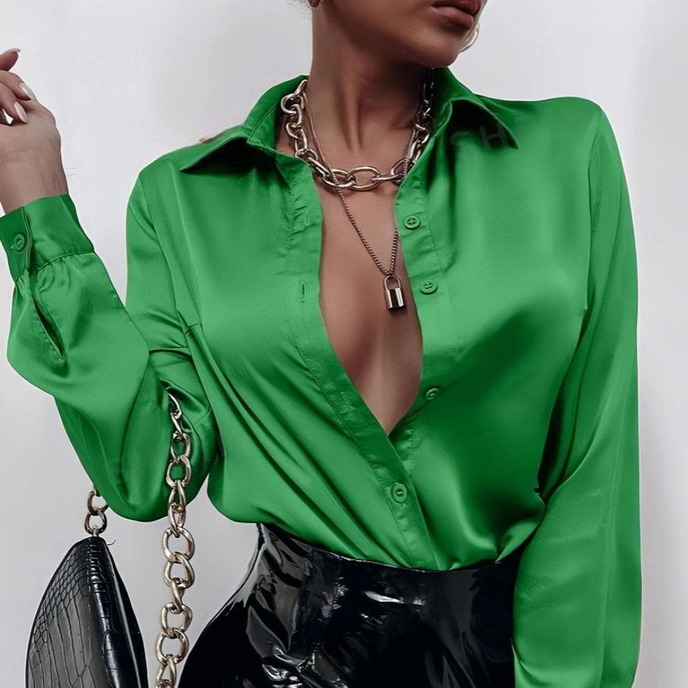 Women Spring Summer Blouses and Shirts Elegant Satin Faux Silk Long Sleeve Casual Shirt Tops Single Breasted Basic Tops XL green