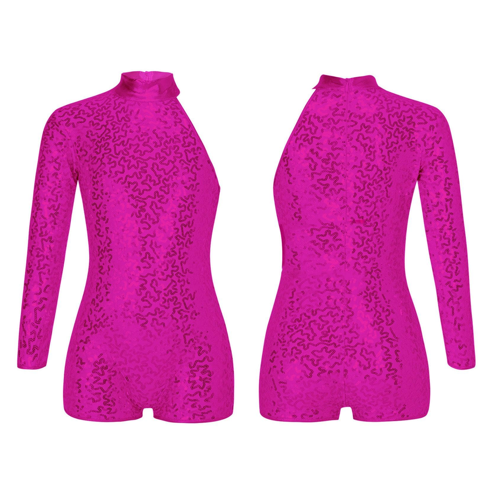 Kids Girls Single Long Sleeve Gymnastics Leotard Sequins Ballet Dance Unitards Short Jumpsuit 15-16 Years hot pink