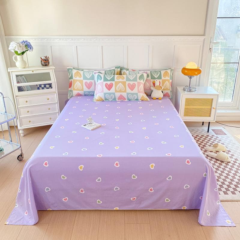Cartoon Flat Sheet with 2 Pillowcases Rainbow Lines Bed Sheet Set 100% Cotton Kawaii Love Heart Star Print Bed Cover Twin/King 160x230cm 3pcs set