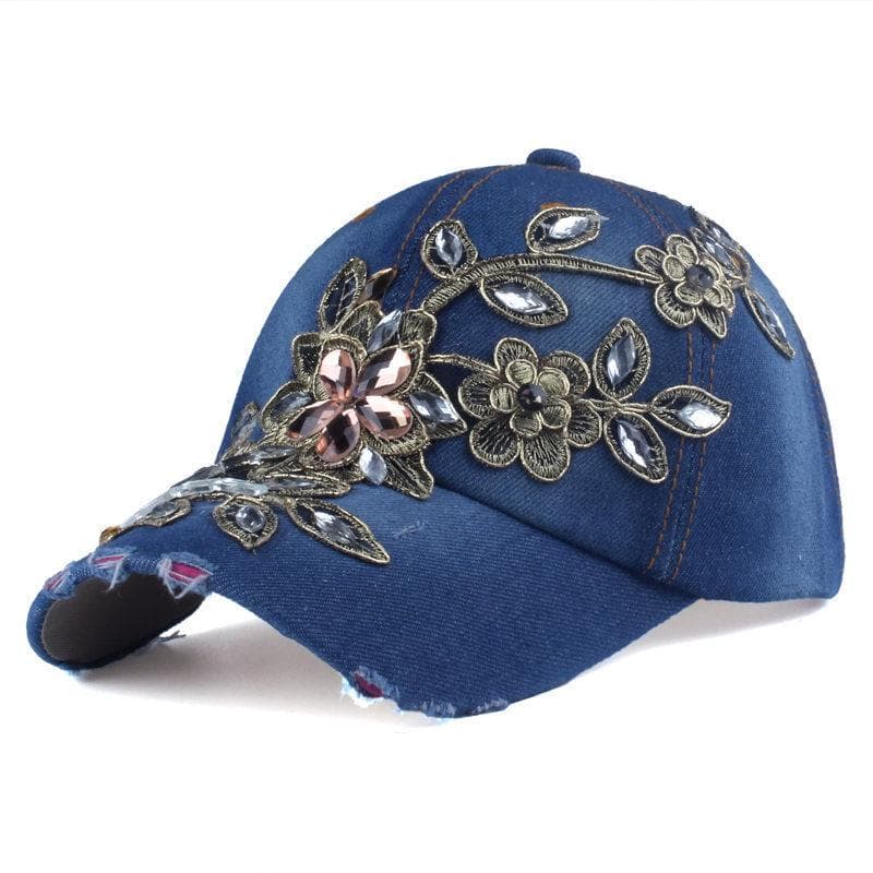 Outdoor Women Hat Rhinestone Flower Sports Baseball Cap Cowboy Sun Hat dark blue