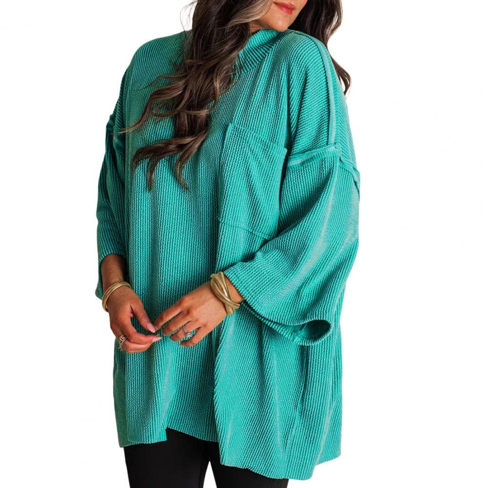 Women Casual Tops Round Neck Long Sleeve Loose Fit Tee Shirt with Patch Pocket Solid Color Stretchy Pullover Tops S green