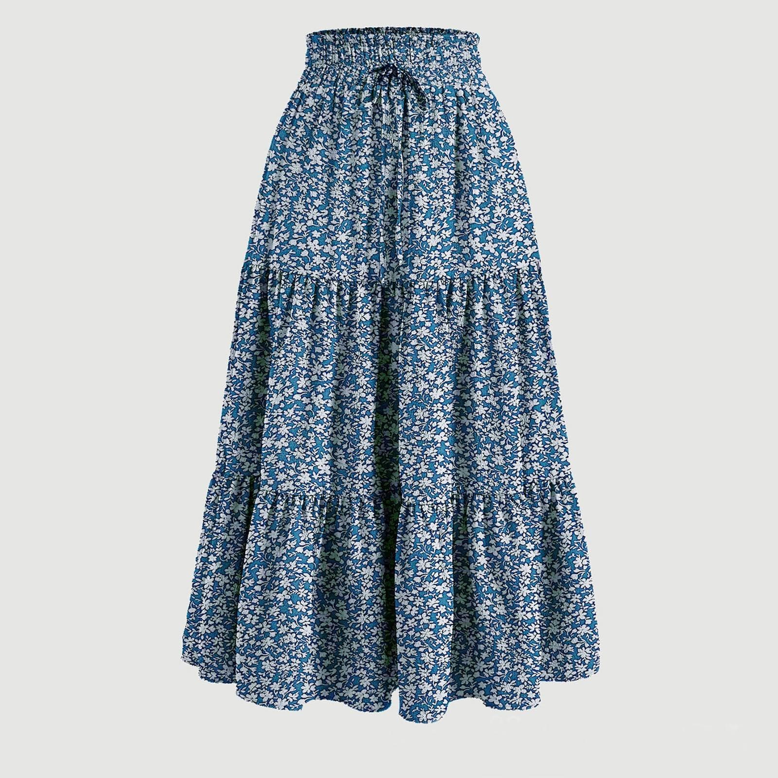 Women's Fashion Solid Color Floral Drawstring Elastic Waist Loose Long Skirt S blue