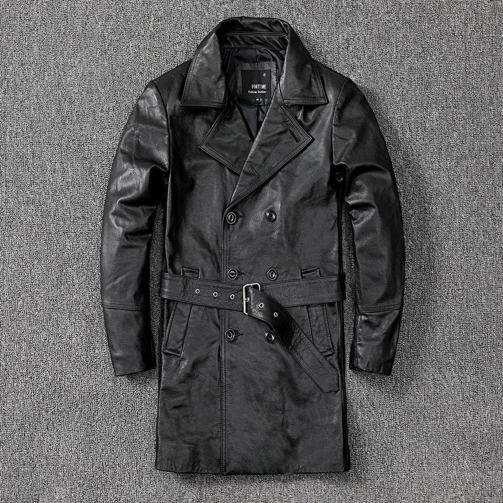 Autumn and Winter New Men's Leather Jacket Mid-length First-layer Cowhide Windbreaker Lapel Leather Jacket for Men 5XL black