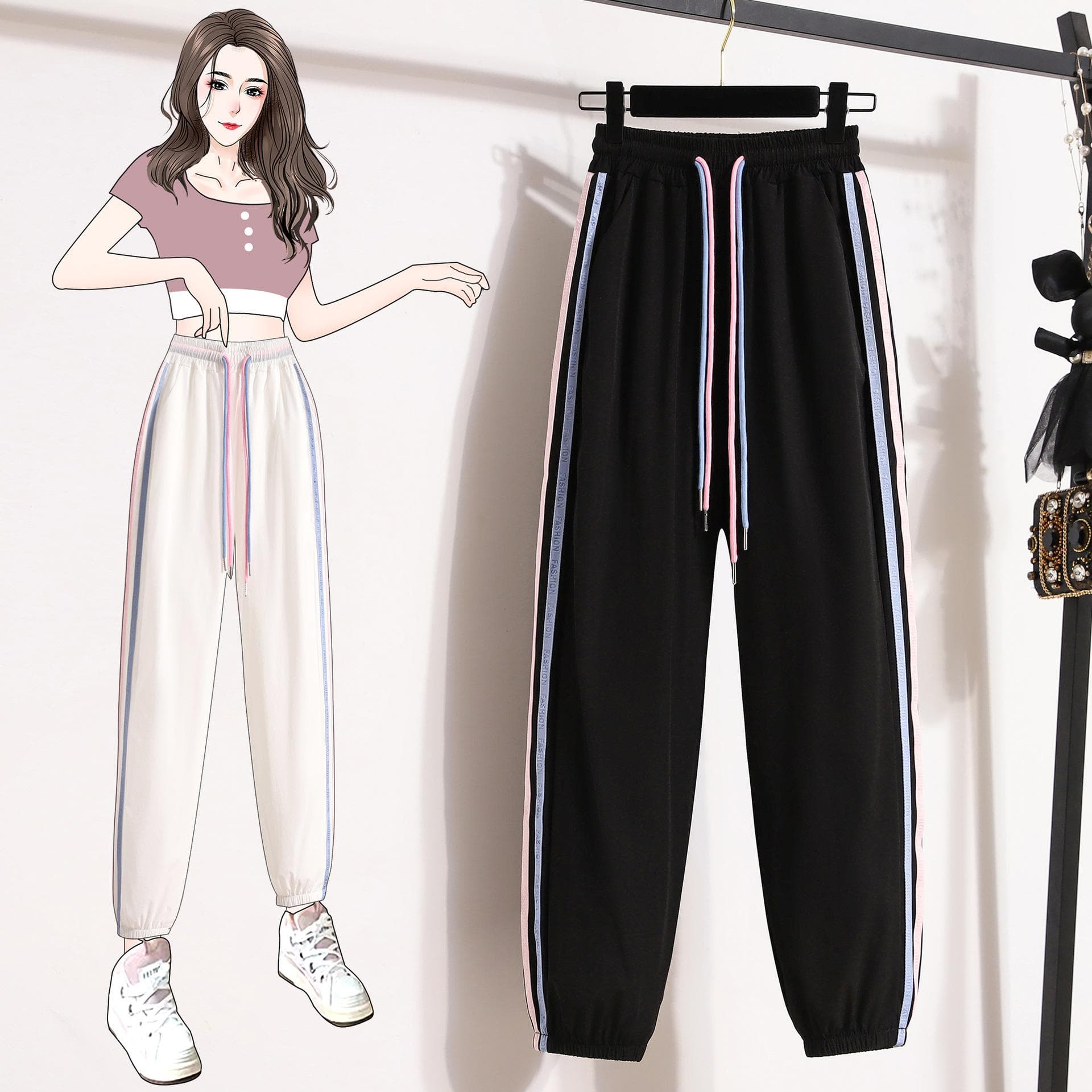 New Summer Color Strip Contrasting Sun Protection Quick-drying Pants High-waisted Slimming Loose Feet Ice Silk Casual Sports Pants 2XL