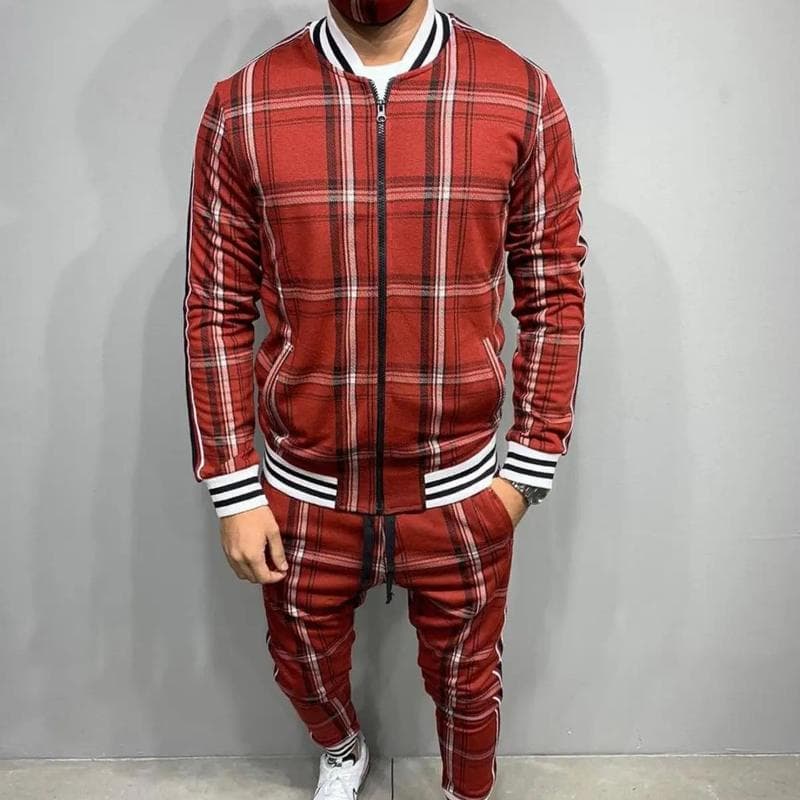 Men' 3D Plaid Sports Gentlemen Sets Jacket Men Set Tracksuit Street Fashi Trend Fashion Stand-up Collar Zipper Sportswear Suit M