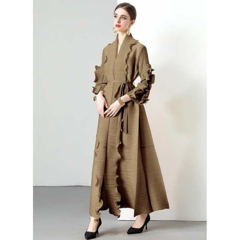 Miyake 2025 Spring Women's Ruffled Long-Sleeve High-Elastic Dress - Large Size, Early Autumn One Size camel