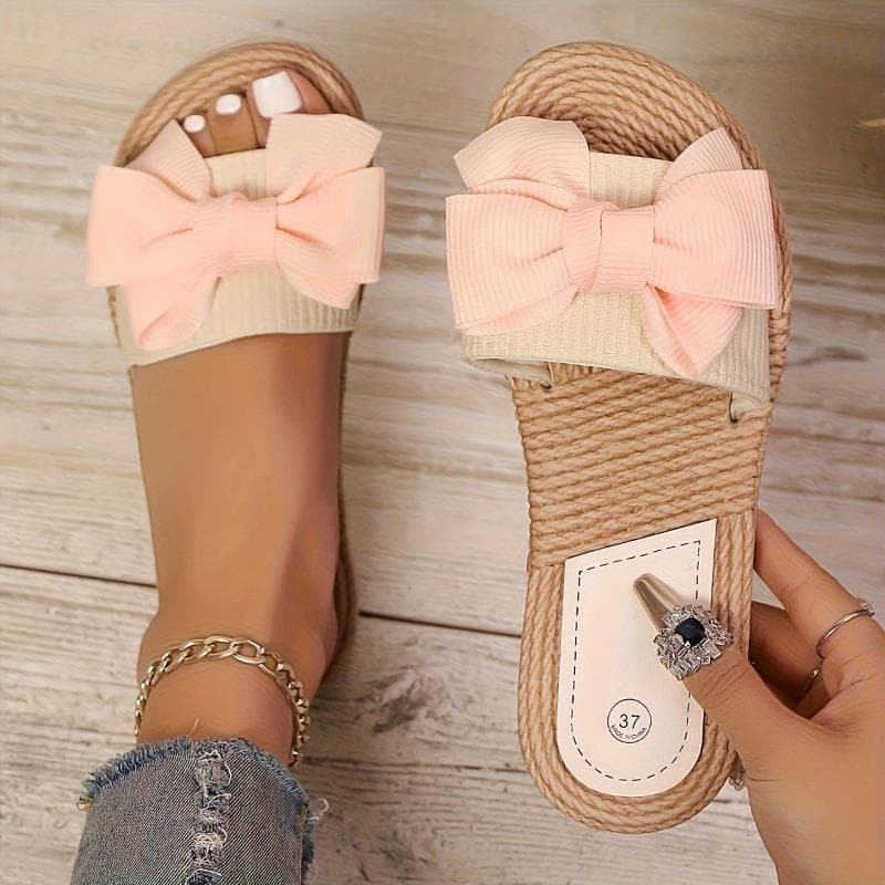 New Summer One-line Women's Slippers, Solid-color Fashionable Indoor and Outdoor Bow Slippers 35 pink