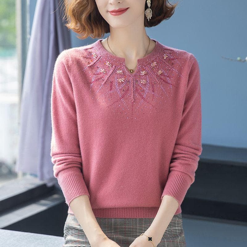Cashmere Knitted Sweater Embroidered with Diamonds, Women's Loose Oversized Base Sweater M