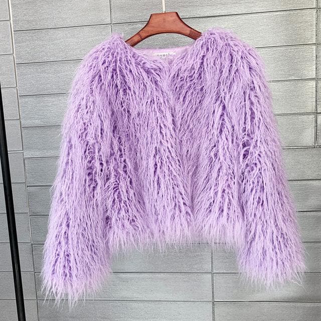 16 Color Women's Fur Coat Colorful Fluffy Pink Lamb Fur Faux Fur Coat Sheepskin Coat Winter Faux Fur Coat L light purple