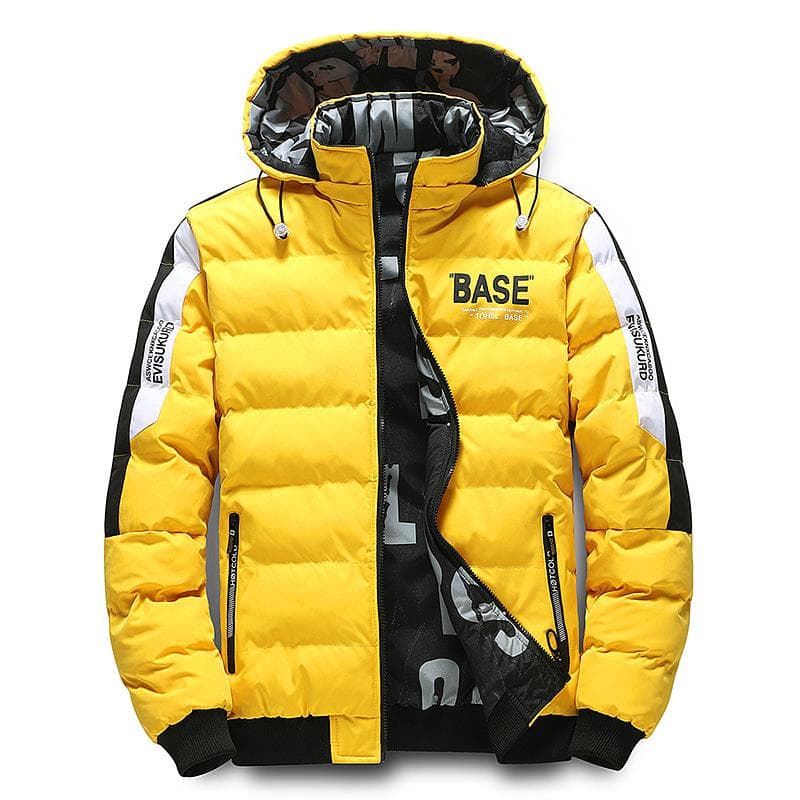 Men Autumn Winter Cotton Jacket Warm Comfortable Padded Thickened Down Jacket Double-Sided Clothes Removable Cap 2XL yellow