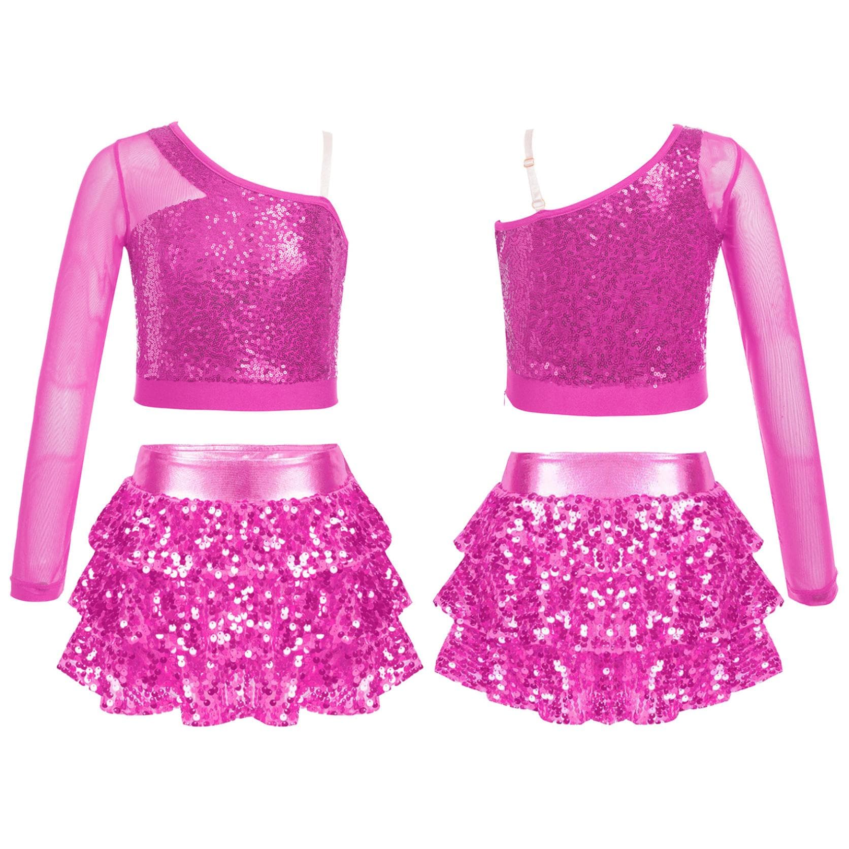 Girls Cheerleading Dance Suit Kids Jazz Dance Performance Stage Costume Sequins Dance Party Suit 13-14 Years hot pink