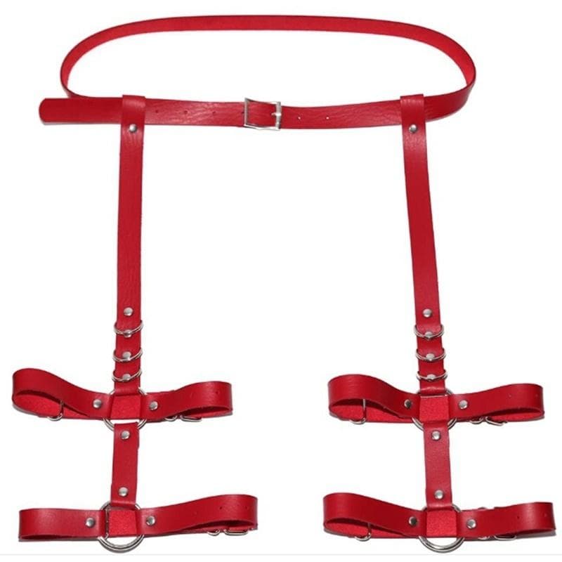 Sexy Harajuku Handmade Pink Bow Garter Belts Leather Suspenders Straps O-ring Leg Harness None red