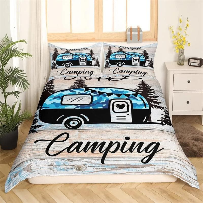 Happy Camping Comforter Cover King, Summer Camping Decoration Bedding For Boy Teens Family, Beach Vacation Style Duvet Cover Set 135x200cm 2pcs