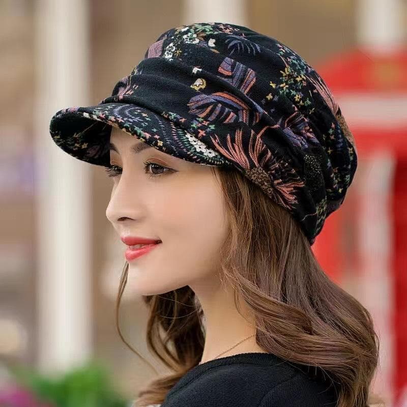 New short brim floral hat for women Korean style all-match soft brim ethnic style duckbill hat black