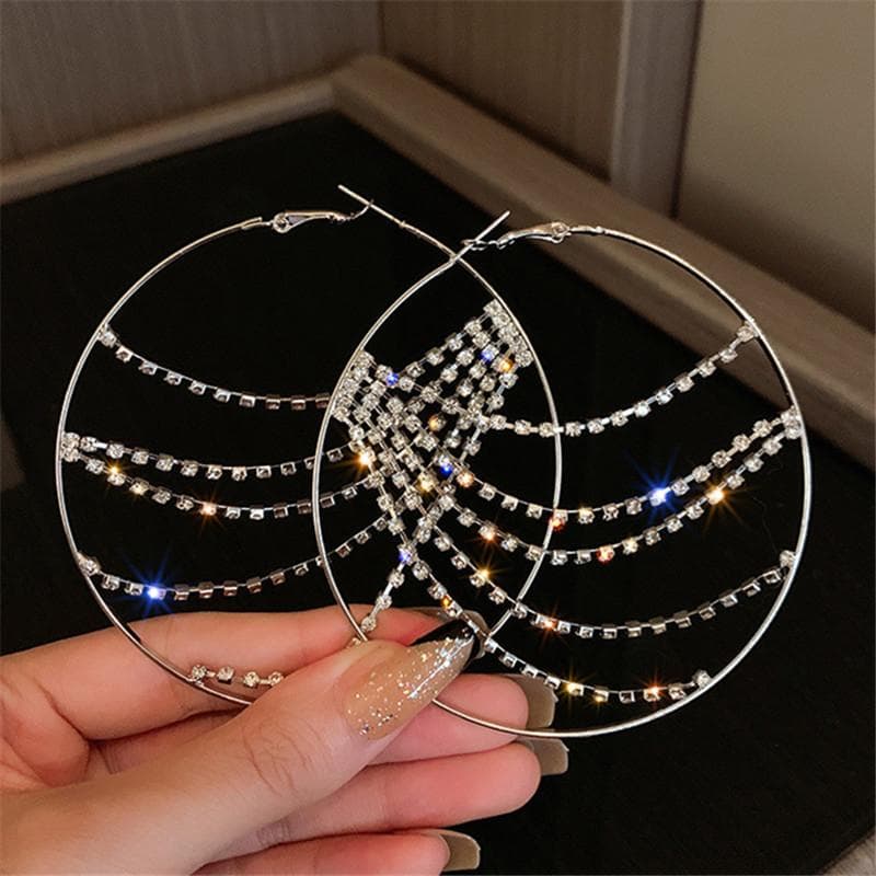 XIALUOKE Hyperbole Metal Round Crystal Chain Hoop Earrings For Women Vintage Personality Large Ear Hoop Statement Jewelry silver