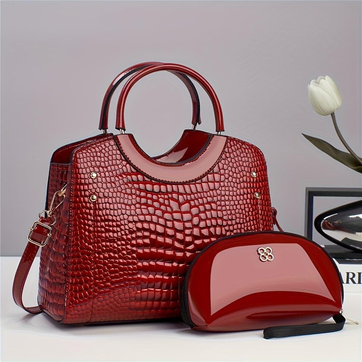 Large Volume Shiny Mother-Tote Bag Stylish With Crocodile Print red