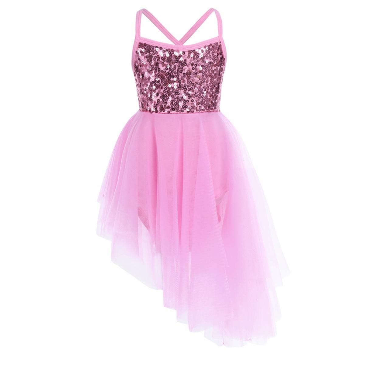 Kids Girls Stage Dance Clothing Sleeveless Sequin Asymmetrical Tulle Ballet Dance Gymnastics Leotard Dress 3-4 Years pink