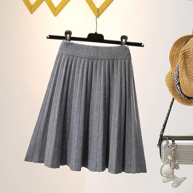 New Autumn and Winter High-waisted Slim Knitted Pleated Skirt Fat Mm Belly-covering A-line Skirt 2XL grey