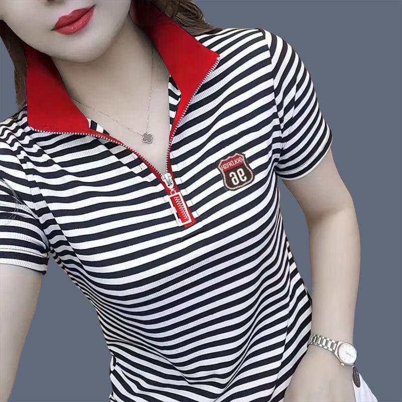 Summer New Half-zipper Short-sleeved T-shirt Women's Top Versatile Lapel Loose Large Size Middle-aged Mother POLO Shirt M