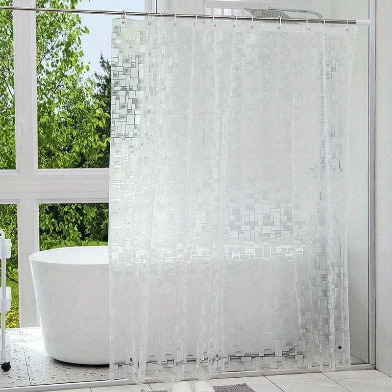 1pc Rectangular Square Pattern Waterproof Shower Curtain with Hooks for Shower and Bathtub, Transparent Shower Partition Universal Shower Curtain Pack of 1