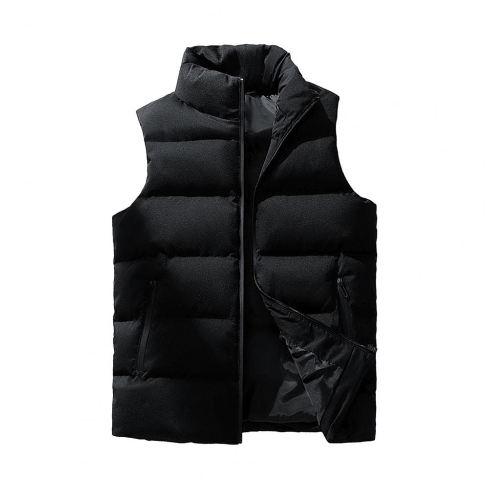 Classic Men Vest Men's Windproof Sleeveless Vest with Stand Collar Zipper Closure Pockets Solid Color Waistcoat for Outdoor M black
