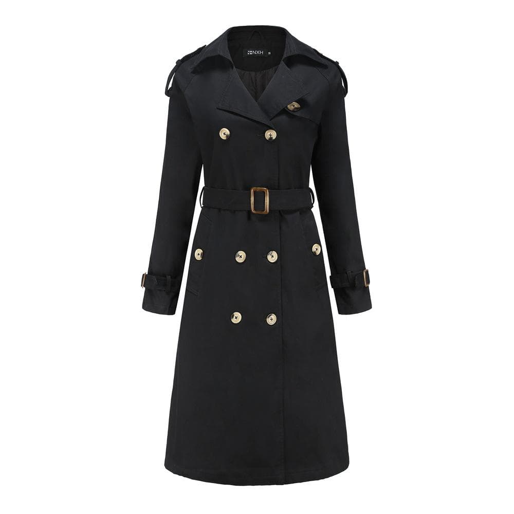 Khaki Long Women's Trench Coat Autumn Winter Turn Down Collar Women Clothes Casual Belt Trench XXXL black