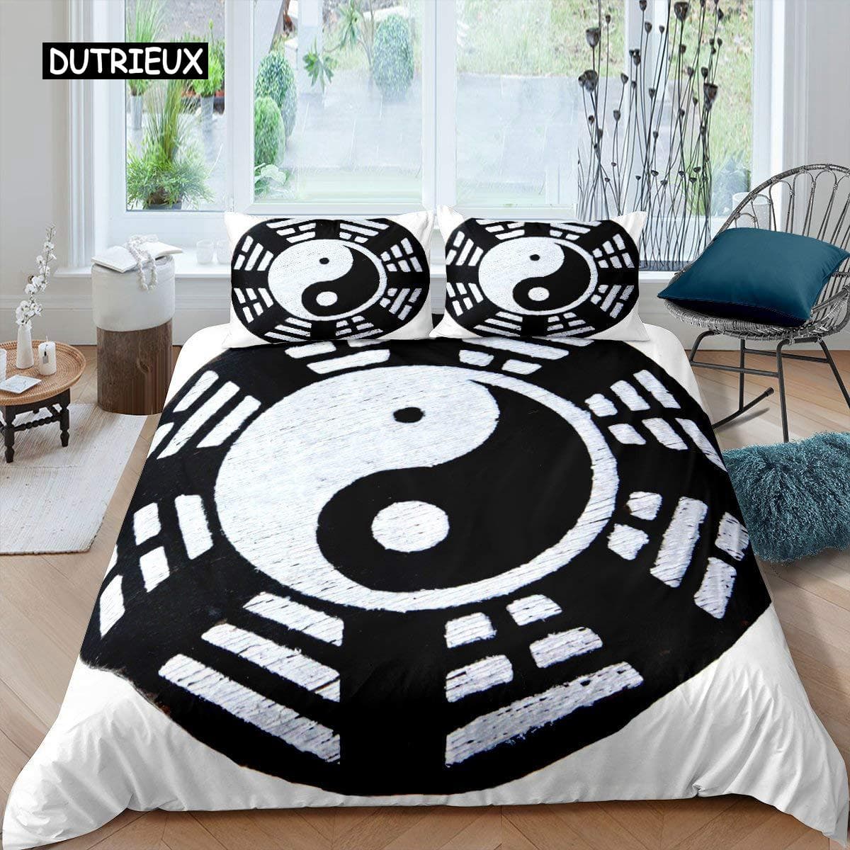 Yin Yang Duvet Cover Set Boho Trippy Art Twin Comforter Cover Gossip Traditional Ying Yang Theme King Size Polyester Quilt Cover 155x215cm 3pcs
