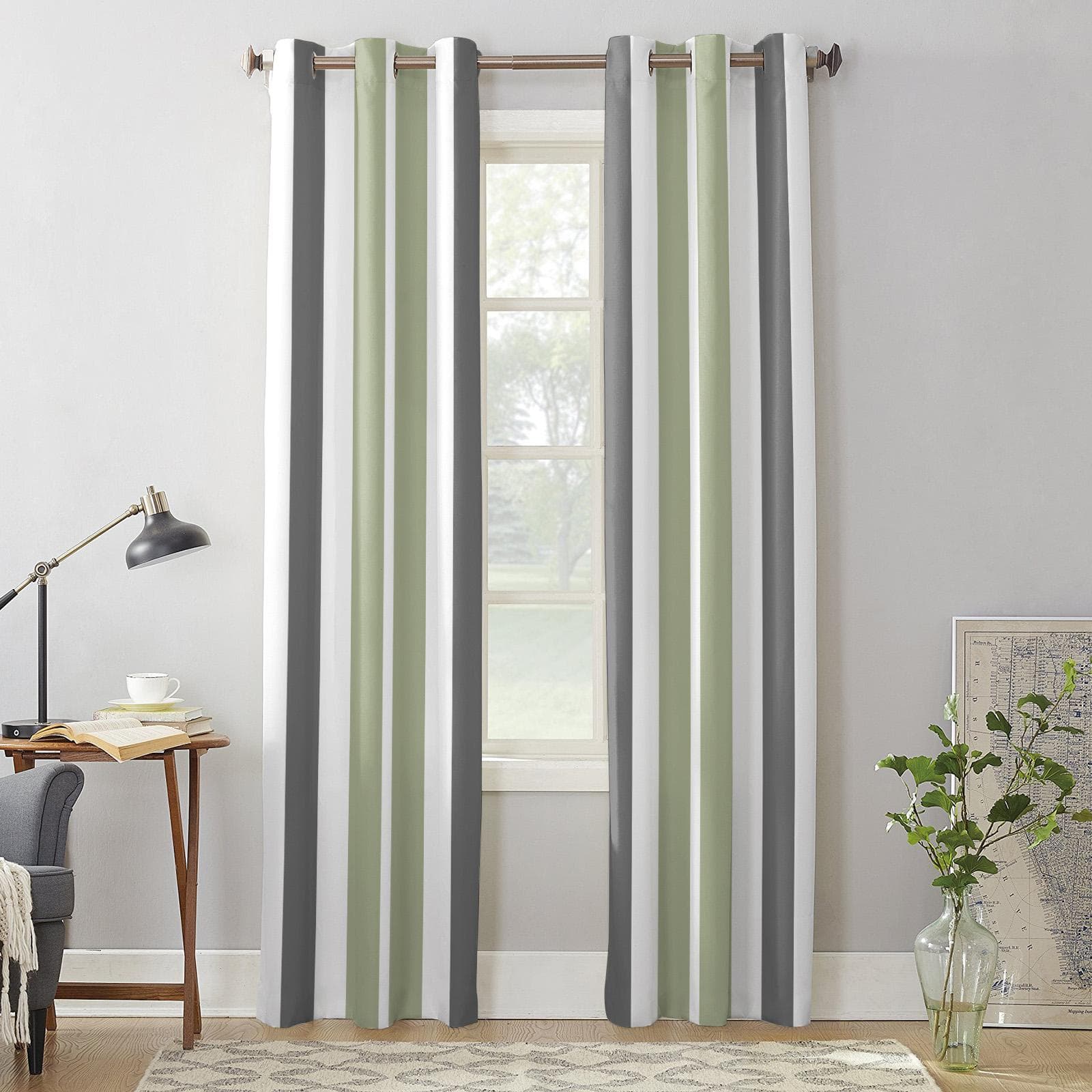 Gray Green Stripes Window Curtains for Living Room Bedroom Curtain Modern Kitchen Blinds Drapes Curtains 135W x 60H(cm) x1