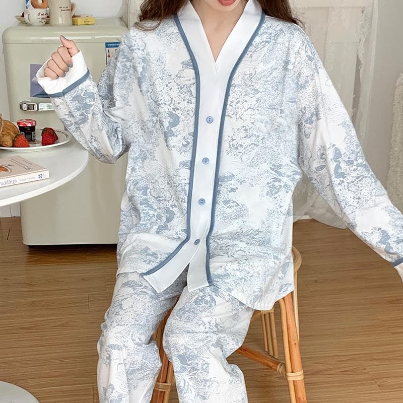 Green Flower Women Pajama Set Autumn Winter Long Sleeves Long Pants Cute Sleepwear Kawaii Pyjamas Soft Pijamas Cozy Pjs Comfy Pj 2XL