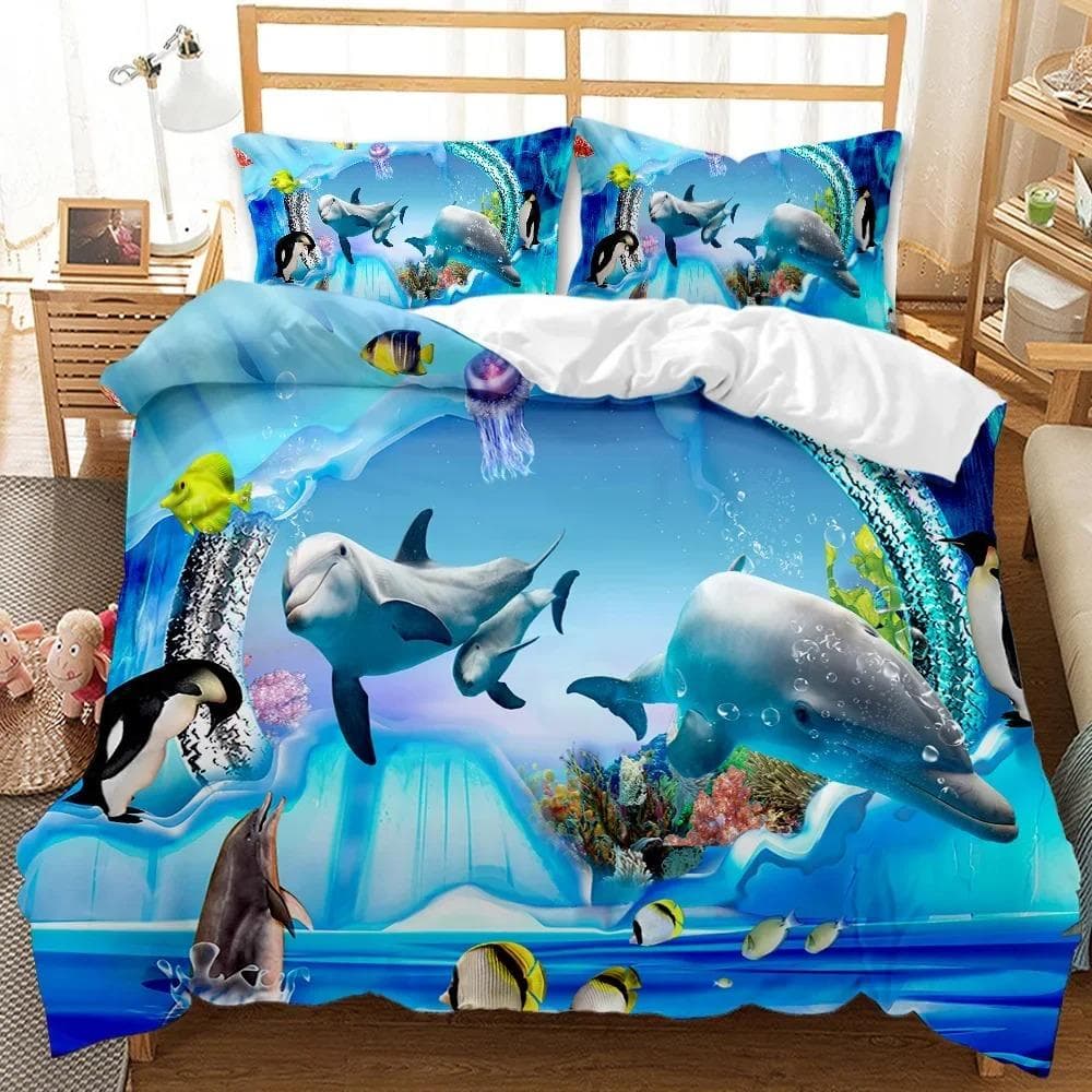 Shark Bedding Set King Size for Girl Boys Tropical Marine Life Ocean Fish Sea Turtle Rainbow Color Coral Polyester Duvet Cover EU Single 135x200cm