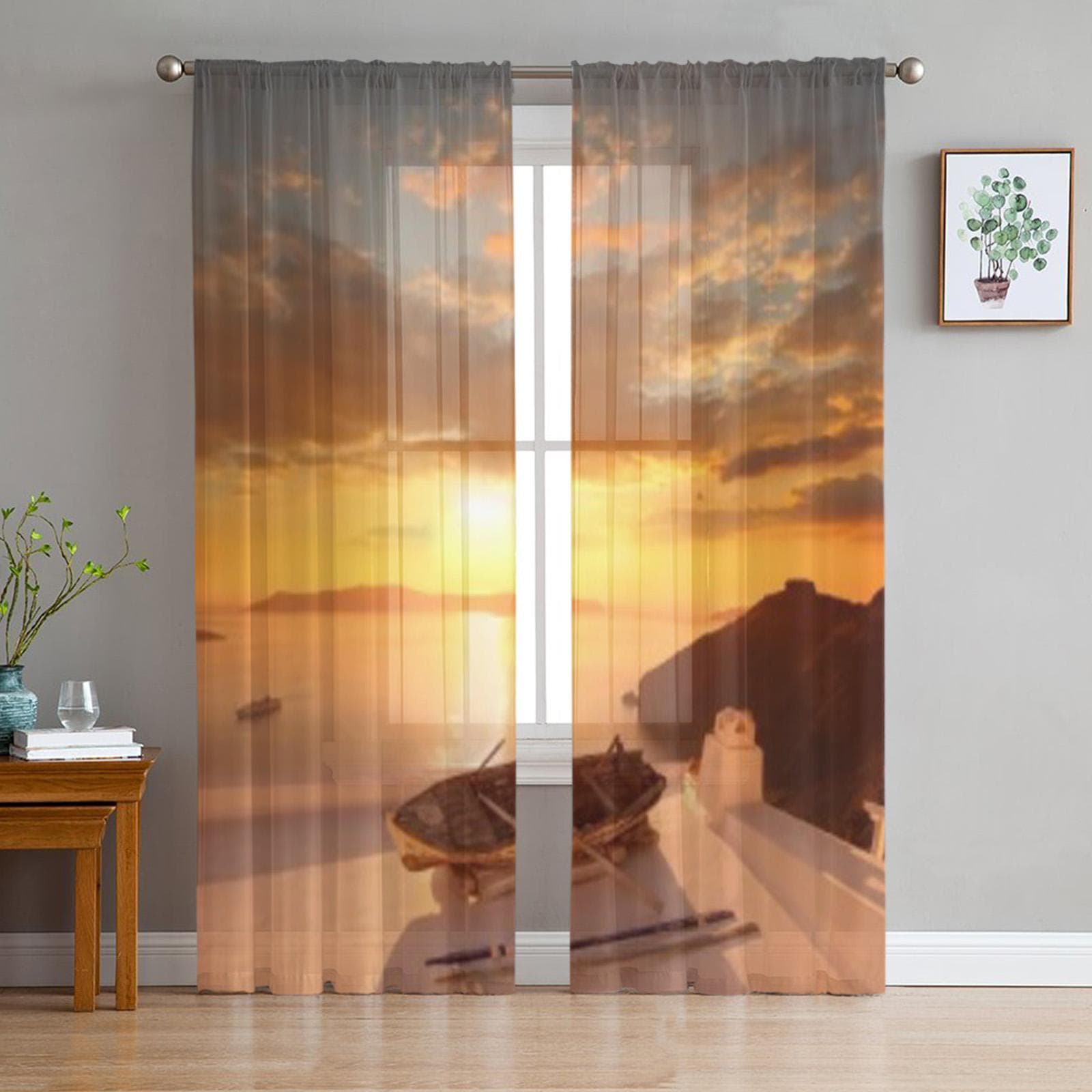 Santorini With Old Vase Boat Roof Greece Chiffon Sheer Curtains for Living Room Bedroom Window Curtain Voiles Tulle Cortinas 135W x 114H(cm)