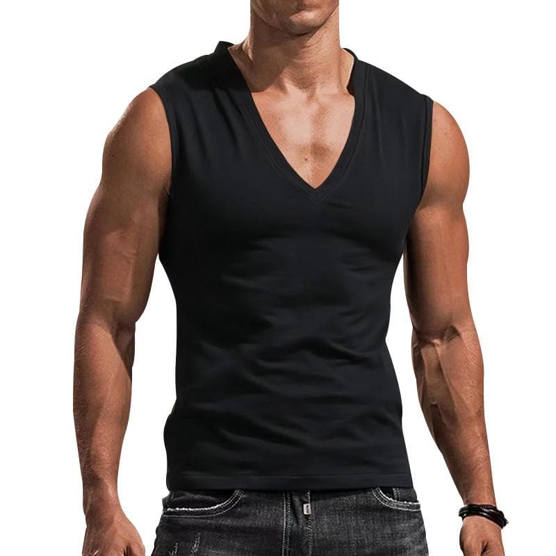 Men's Muscle Sleeveless T-shirt Men Summer Loose Tank Top Solid V Neck Vest Tee Men Tops M black